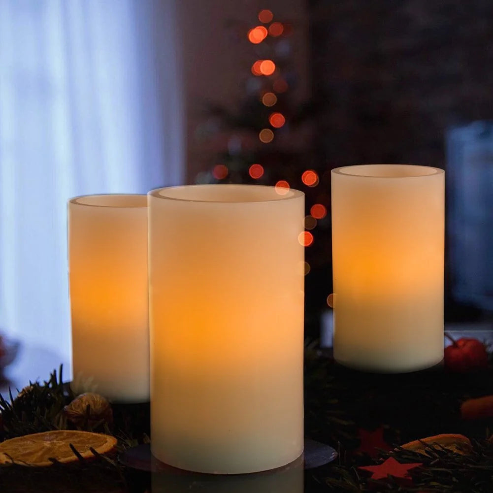 5"X3" Wax Flameless Candles, Battery Operated LED Pillar Candles with Remote Control & Timer, Amber Yellow Flickering Light for Party, Wedding, Festival, Ivory, Indoor Only, Set of 2