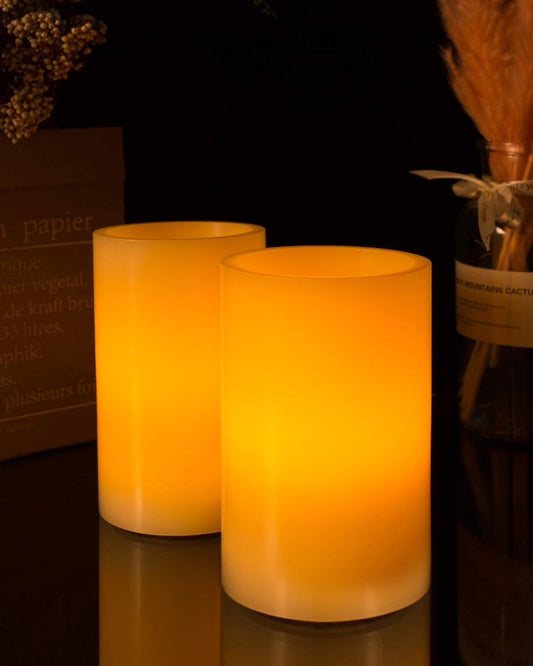 5"X3" Wax Flameless Candles, Battery Operated LED Pillar Candles with Remote Control & Timer, Amber Yellow Flickering Light for Party, Wedding, Festival, Ivory, Indoor Only, Set of 2