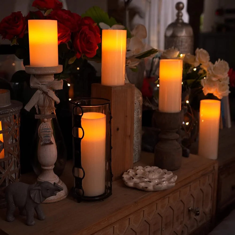 7"X3" Flameless Candles Battery Operated, Amber Yellow Light,Realistic Wax LED Pillar Candles with 2 Remote Controls & Cycling 24-Hour Timer, Long Battery Life, Set of 2, Ivory, Indoor Only