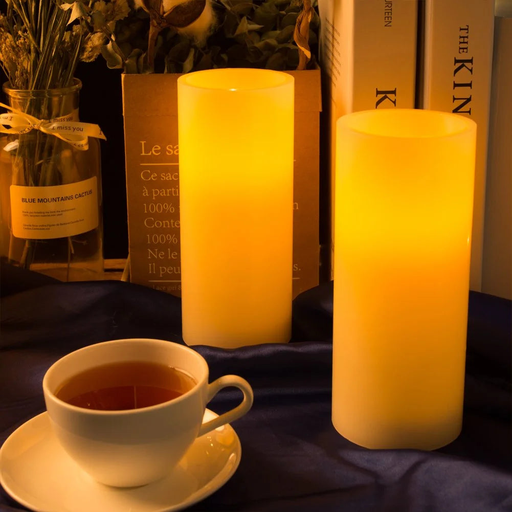 7"X3" Flameless Candles Battery Operated, Amber Yellow Light,Realistic Wax LED Pillar Candles with 2 Remote Controls & Cycling 24-Hour Timer, Long Battery Life, Set of 2, Ivory, Indoor Only