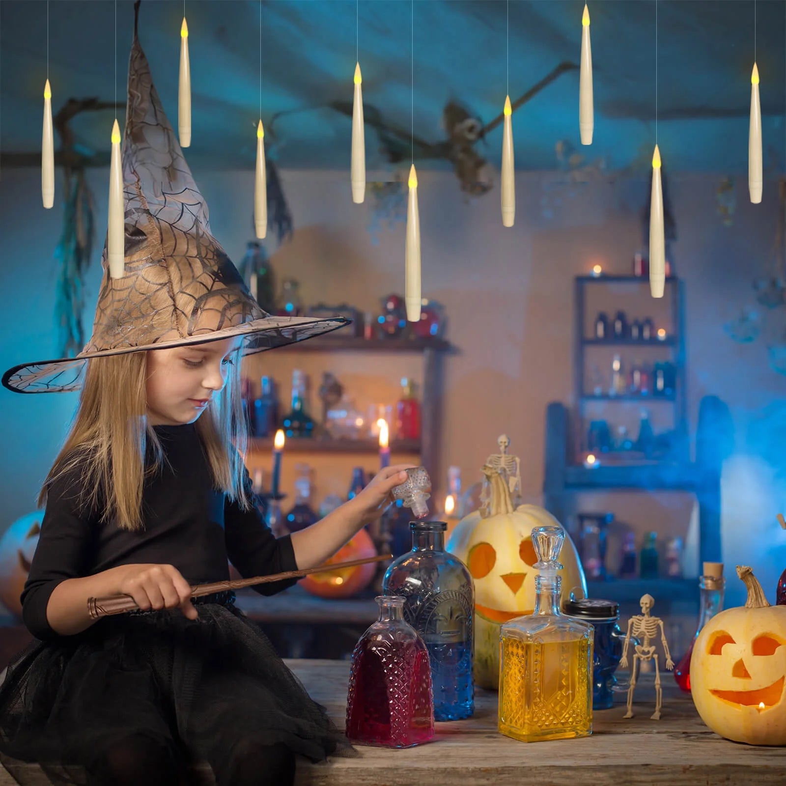 6.1" Floating Candles with Magic Wand Remote, 12Pcs Hanging Candles, Halloween Decorations, Battery Operated LED Window Candles, Flickering Warm Light, Theme Party Décor, Christmas Gift(Ivory)