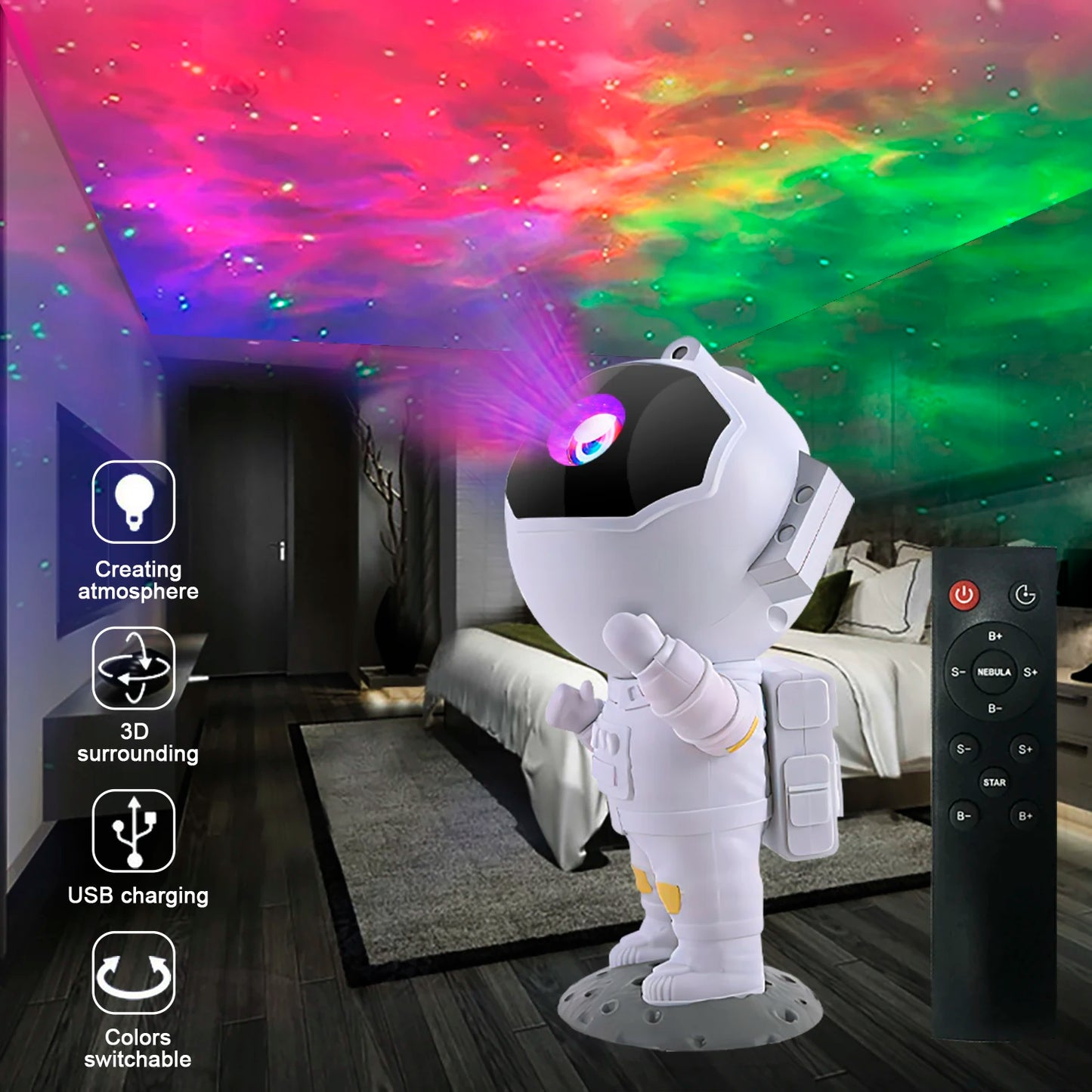 "Astronaut Star Projector Galaxy Night Light