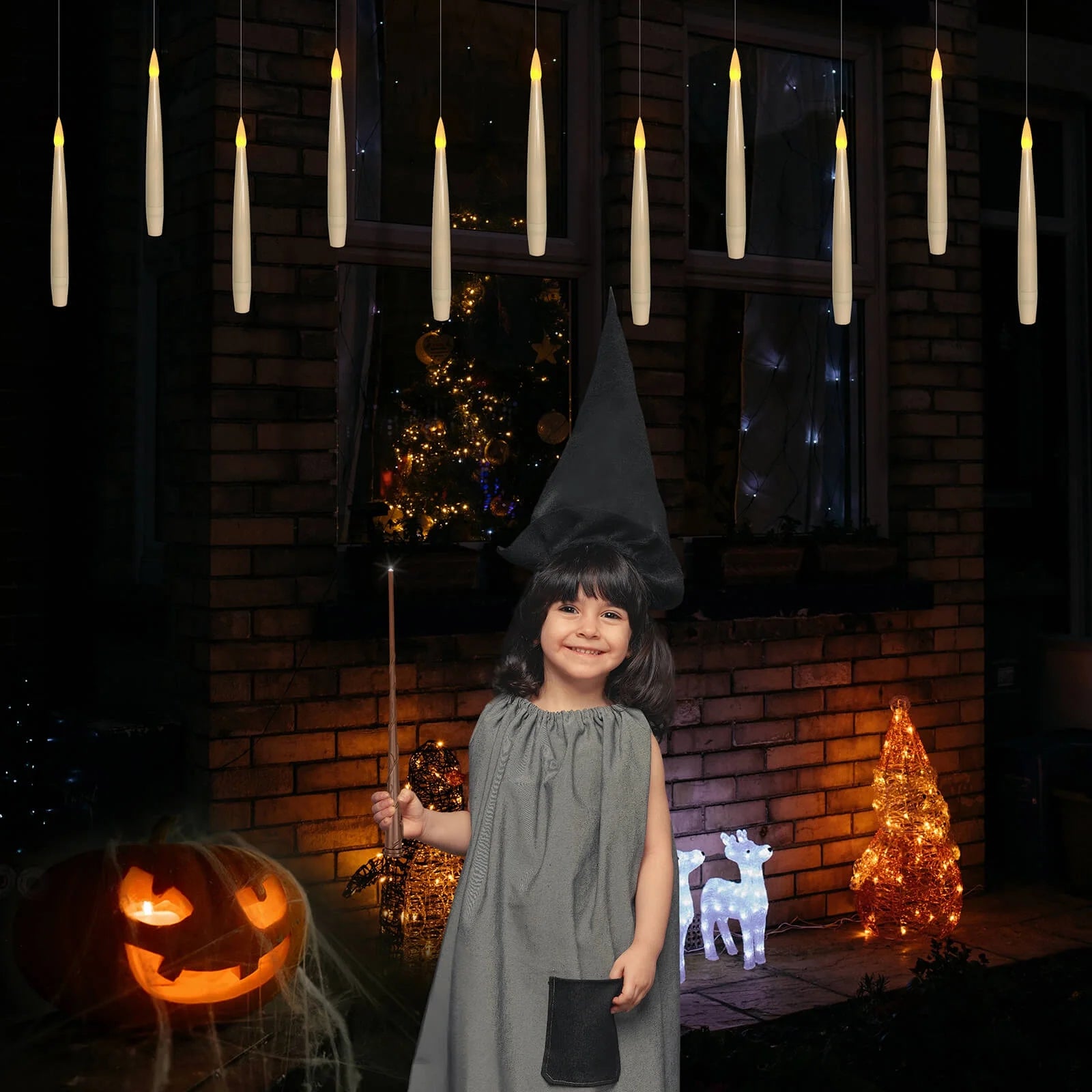 6.1" Floating Candles with Magic Wand Remote, 12Pcs Hanging Candles, Halloween Decorations, Battery Operated LED Window Candles, Flickering Warm Light, Theme Party Décor, Christmas Gift(Ivory)