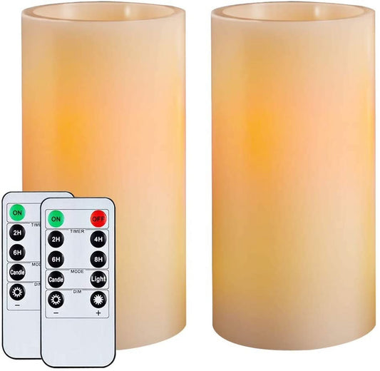 7"X3" Flameless Candles Battery Operated, Amber Yellow Light,Realistic Wax LED Pillar Candles with 2 Remote Controls & Cycling 24-Hour Timer, Long Battery Life, Set of 2, Ivory, Indoor Only