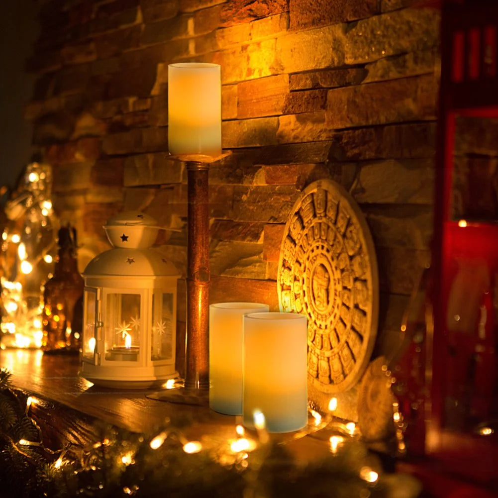 5"X3" Wax Flameless Candles, Battery Operated LED Pillar Candles with Remote Control & Timer, Amber Yellow Flickering Light for Party, Wedding, Festival, Ivory, Indoor Only, Set of 2