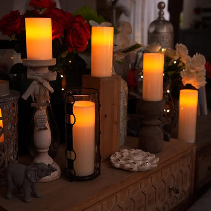 7"X3" Flameless Candles Battery Operated, Amber Yellow Light，Realistic Wax LED Pillar Candles with 2 Remote Controls & Cycling 24-Hour Timer, Long Battery Life, Set of 2, Ivory, Indoor Only